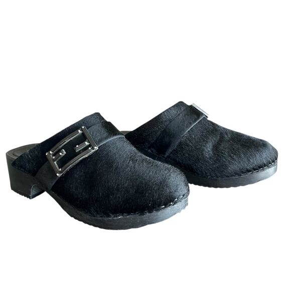 Fendi Women’s Vintage Ponyhair Black Wooden Round Toe Platform Clogs Size 10 - Picture 13 of 13
